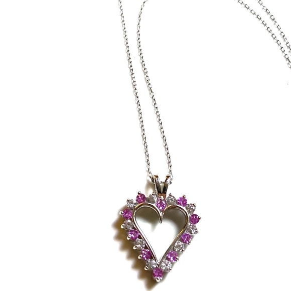 Sterling Silver Heart Shaped Lab Created White & Pink Sapphire Necklace - Picture 2 of 7